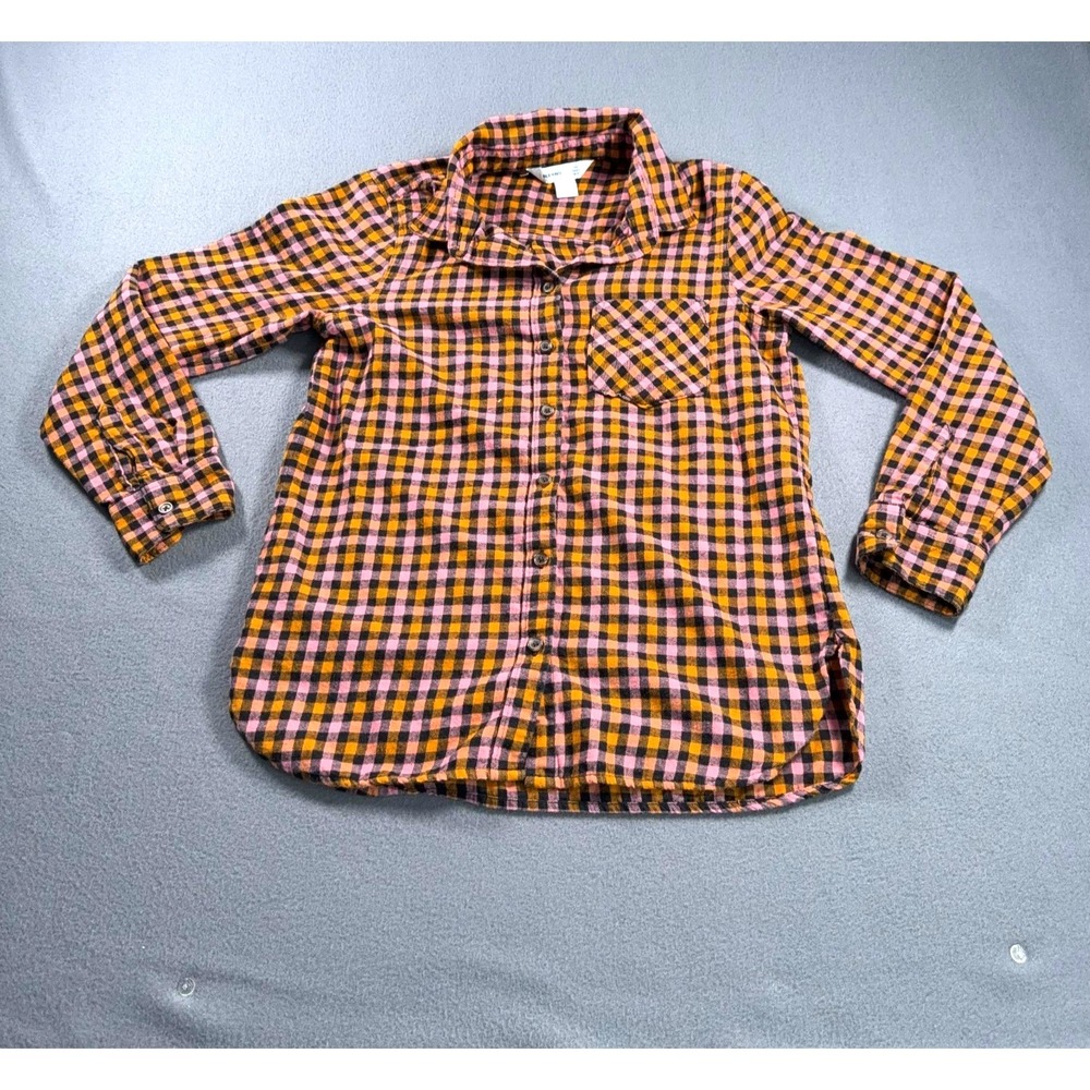 Old Navy Tunic Flannel Shirt Womens S Pink Orange Plaid Rounded Hem Button Front